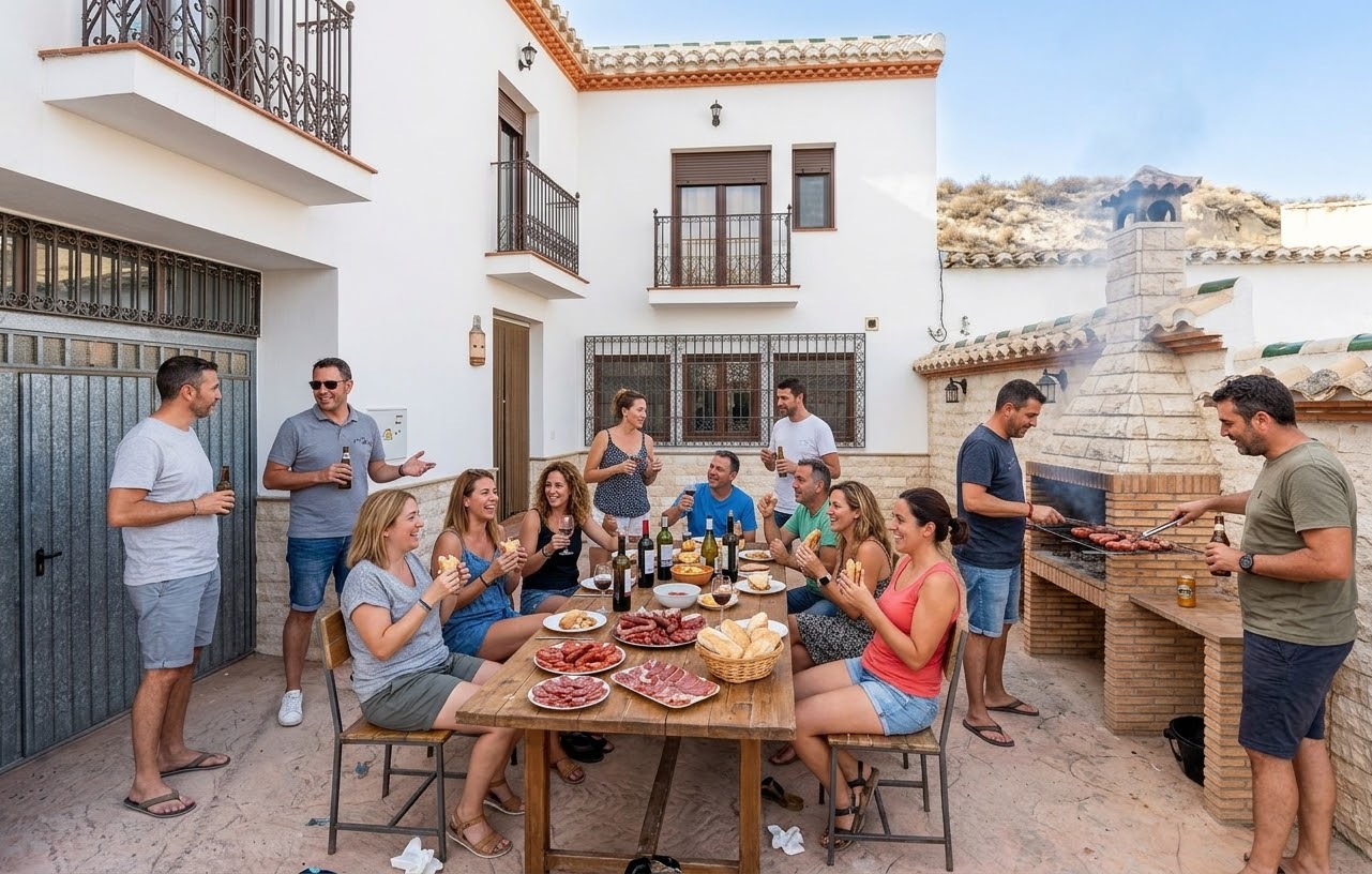 Grupo disfrutando del patio y la barbacoa