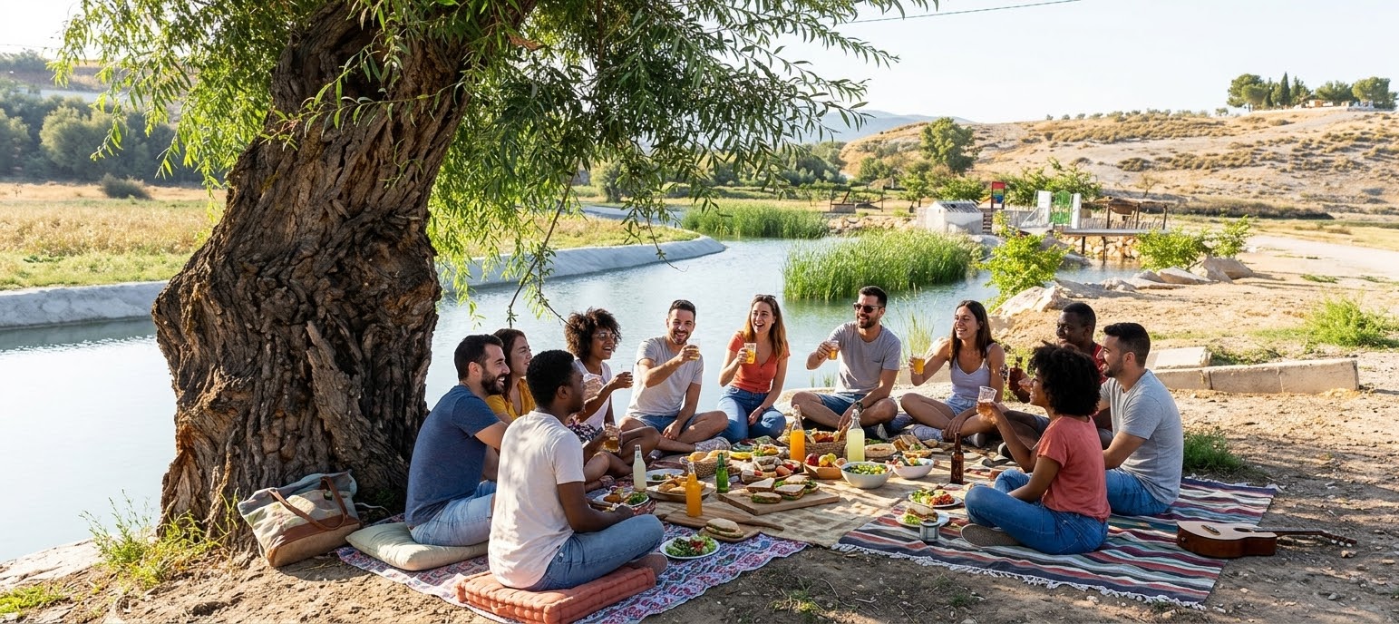 Grupo de amigos de pícnic bajo un árbol