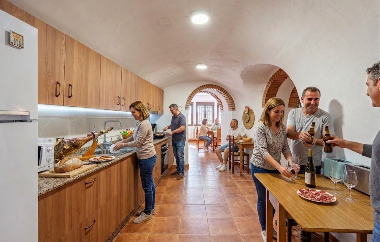 Amigos preparando una comida en la cocina